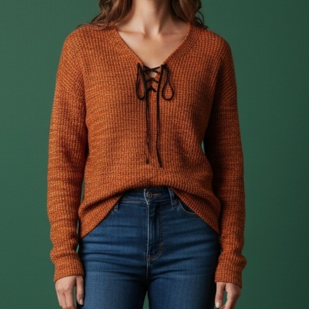 MUSE Silk Lace-Up Marled Knit Long Sleeve Sweater